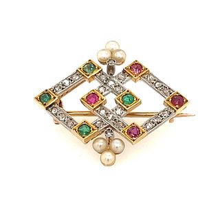 Art Deco 18k Diamond Ruby Emerald BroochÂ 