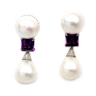 18k South Sea Pearl & Amethyst Earrings