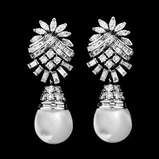 Art Deco Platinum Pearl Diamond EarringsÂ 
