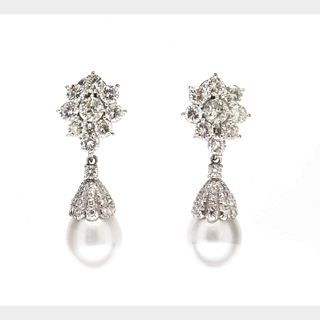 18K & Platinum Diamond & South Sea Pearl Earrings