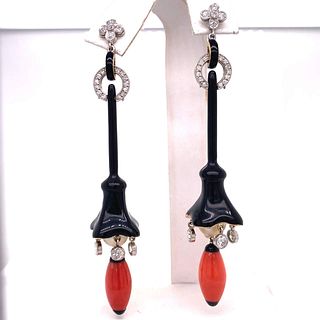 Pearl, Coral, and Diamond Chandelier Earrings