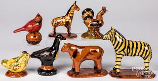 Seven Lester Breininger redware figural animals