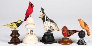 Five Jonathan Bastian carved and painted birds