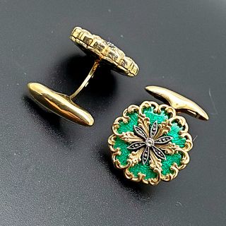Silver-gilt cloisonné-enameled cufflinks decorated  with rose cut diamonds