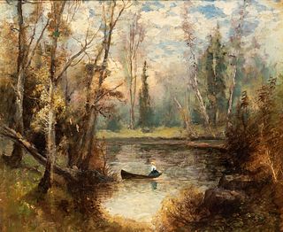 Wesley Webster (American, 19th/20th Century), Autumn Pond with a Figure in a Rowboat