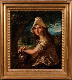John D. Michie (British, active 1858-1892), Girl with an Earthenware Vessel Seated in a Landscape