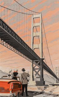 American School, Mid-20th Century, Illustration: Family in a Convertible Admiring a Suspension Bridge