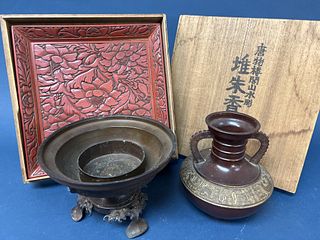 Japanese Bronzes and Cinnabar Tray