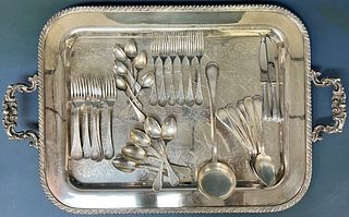 Silver Plated Platter and Flatware
