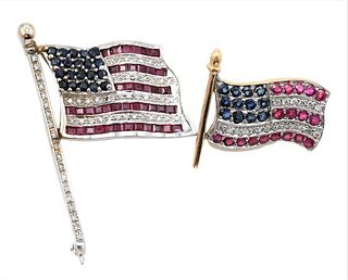 Two Piece 14 Karat Flag Lot, to include American flag brooch, height 1 3/4 inches; American flag pierced earring, each set with diamonds, rubies and s