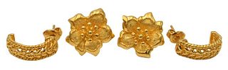 Two Pairs of 24 Karat Gold Pierced Earrings, each marked 9999, 14 grams.