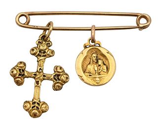 Tiffany & Company 14 Karat Gold Safety Pin, having 18k gold cross and 18k round gold medallion, 9 grams.
