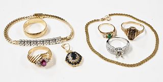 Gold Lot, to include 14K bracelet mounted with diamonds, 14K flat bracelet, 14K white gold ring setting with small diamonds, along with four additiona