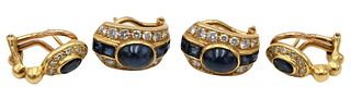 Two Pairs of 18 Karat Gold Pierced Earrings, set with blue stones and diamonds, 12.8 grams.