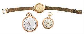 Three Gold Watches, to include a 14 karat gold lapel watch; 18 karat gold ladies wristwatch; along with a small lapel watch; 33, 23.5 and 21.3 millime