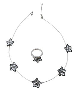 Two Piece Baccarat Silver Lot, to include necklace and ring, mounted with crystal stars, 16 inches.