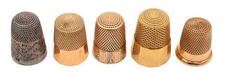 Five Thimbles to include three 14 karat gold, 15.4 grams; one 10 karat gold, 10 grams; along with one silver.
