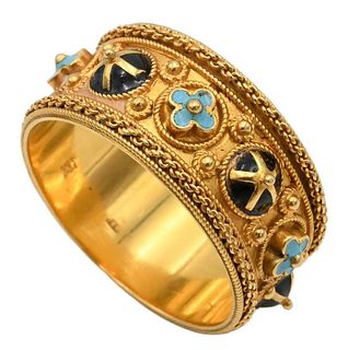18 Karat Gold Band, having enameled flowers and crowns, size 11 3/4, band width 11.3 millimeters, 10.8 grams.