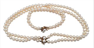 Two Piece Pearl Lot, to include a double strand necklace, two strand pearl bracelet, along with 14 karat pearl clasps, 7 and 15 inches, 6.5 millimeter