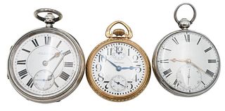 Three Pocket Watches, to include two silver key wind pocket watches, A.G. Mascall Middlesbrough on face and works; along with one gold plated Waltham.