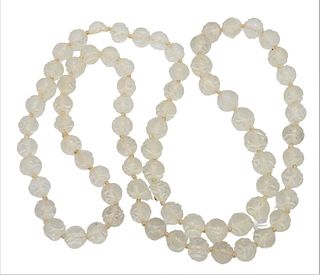 Crystal or Rock Crystal Carved Beaded Necklace, length 38 inches, 11.5 millimeters.