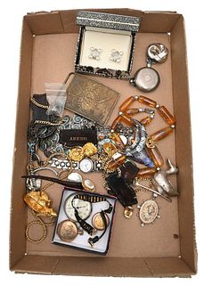 Tray Lot of Silver Jewelry, to include wristwatches, several with stone mounted bands, pocket watches, Abe Lincoln belt buckle, amber necklace, etc.