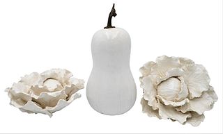 Jean-Paul Gourdon (b. 1956), white glazed ceramic cabbage along with another white glazed cabbage that is unsigned (repaired), and an eggplant with br