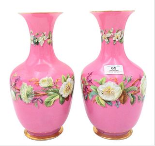 Pair of Pink Porcelain Vases, marked Palace Royal Exhibition 1851, (fine hairlines in bottom of one), height 11 inches.