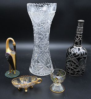 Group of Glass and Crystal, to include nine etched and gilt glass salts, Venetian stems, two silver overlay pieces, along with cut glass.