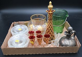 Group of Glass, to include cranberry to gold decorated Moser decanter with five cordials, ice pail, Chinese match holder, etc., overlay decanter (crac