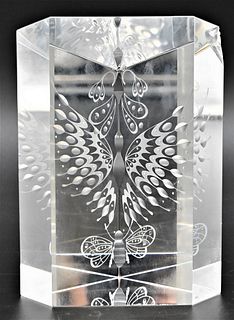 Steuben Garden Butterflies Delight Glass Prism, in fitted box, designed by Bernard X Wolff, height 6 inches, width 4 1/4 inches, (chipped).