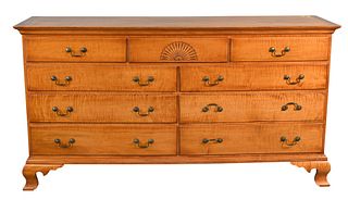 Warren Chair Works Tiger Maple Double Dresser and Mirror, height 28 inches, length 68 inches.