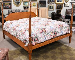 Custom Tiger Maple King Size Four Post Bed, initialed HRK, to include headboard, foot board, and side rails, height 67 inches.