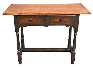 Tavern Style Table, attributed to Warren Chair Works, having tiger maple top over two drawers raised on block and turned legs, height 29 1/2 inches, l