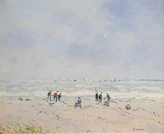 Jean Pierre Dubord (b. 1949), oil on canvas, fishermen on beach, signed lower right JP Dubord, in gilt frame, 19" x 23".