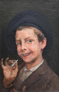 Juan Antonio Gonzalez (1842 - 1914), oil on canvas, boy smoking a cigarette, signed top right Juan Gonzales 98, 16" x 10 1/2".
