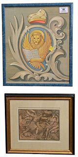 Three Piece Framed Art Group, to include Mercury Slay's Argus Roman pencil sketch; pencil and pen wash sketch of a figure; Italian gouache of a lion; 