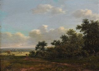 Farm Landscape with Figures and a Distant Church, oil on board, unsigned, unknown artist, 10 1/2" x 13 1/2".