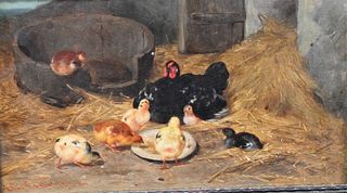 Philbert Leon Couturier (1823 - 1901), chicks with hen, oil on board, signed lower left P.L. Couturier, 6 1/4" x 10 3/4".