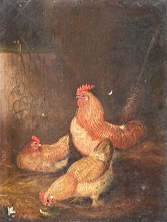 Three Chickens in Barn, oil on board, initialed lower left A.J., William Doyle Galleries label on back, 6" x 4 1/2".