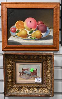Two Framed Pieces, to include still life of fruit on a plate, oil on board, signed illegibly lower left, 1884, 8 1/2" x 10 1/2"; along with a watercol