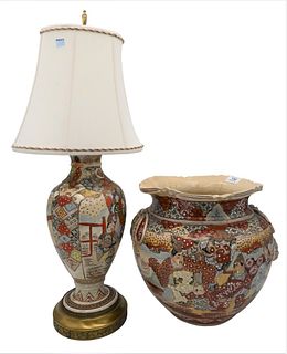 Two Japanese Satsuma Pottery Pieces, to include a vase mounted as a lamp, painted with Shinto priests, height 14 inches; along with a vase of globular