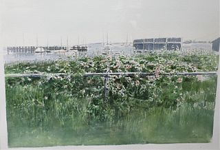 Nick Scalise (1932 - 2009), "Flowers Along Fence Near Water, Nantucket, 1982 - 83", watercolor, signed Scalise lower right; titled, signed and dated o