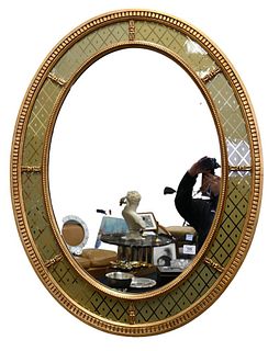 John Widdicomb Oval Mirror, having reverse painted and gilt wood frame, 42" x 33".