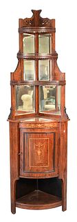Inlaid Rosewood Corner Cabinet, late 19th/early 20th century, having three tiers with a mirrored back, lower section with a cupboard door inlaid with 
