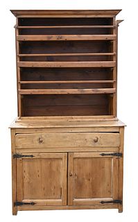Early Stepback Cupboard, in two parts, late 18th/early 19th century, height 80 1/2 inches, width 45 1/2 inches.