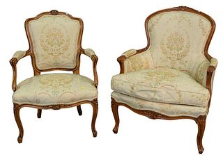 Two Louis XV Style Chairs, each having custom silk upholstery, largest height 37 1/2 inches, width 29 inches.