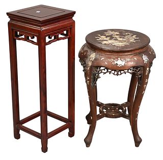 Two Piece Chinese Lot, to include a mother of pearl inlaid stand, height 23 inches; along with a tall hardwood stand, height 29 inches.