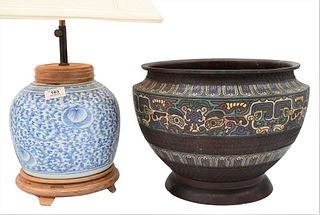 Two Chinese Pieces, to include blue and white porcelain ginger jar, (jar only) height 8 inches; along with a champleve pot, height 10 1/4 inches, diam