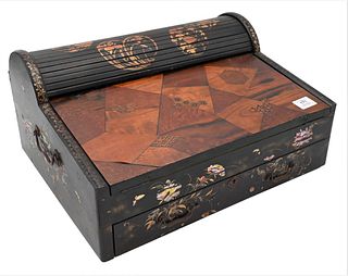 Japanese Roll-Top Traveling Lap Desk, having chinoiserie decorated, black lacquered decoration, inlaid top, height 8 3/4 inches, width 18 inches.